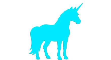 Obraz premium Blue unicorn logo gallops across sapphire sky, silver horn aglow, flowing cerulean mane radiating mystical power. 