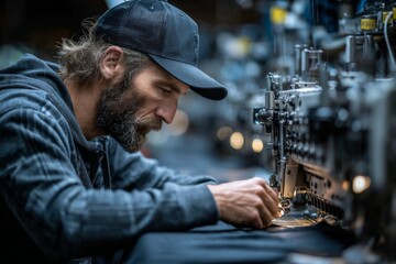 Skilled bearded man working on industrial sewing machine in manufacturing workshop