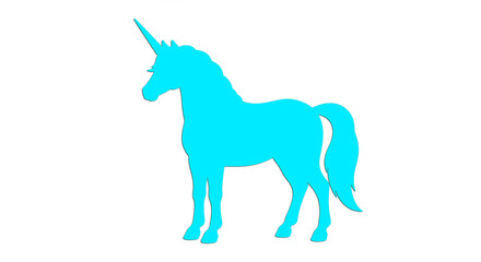 Obraz premium Blue unicorn logo gallops across sapphire sky, silver horn aglow, flowing cerulean mane radiating mystical power. 