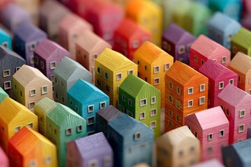 Colorful wooden miniature houses arranged closely in rows representing community housing and vibrant neighborhood diversity