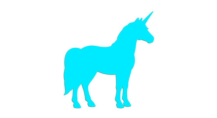 Obraz premium Blue unicorn logo gallops across sapphire sky, silver horn aglow, flowing cerulean mane radiating mystical power. 