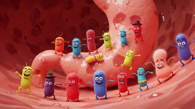 Playful 3d cartoon microbiome scene with colorful friendly bacteria in gut.