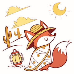 Delightful Content Red Fox in a Desert sunset scene with wrapped in a blanket – Sundown Glow vector illustration