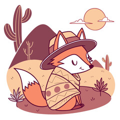 Delightful Content Red Fox in a Desert sunset scene with wrapped in a blanket – Sundown Glow vector illustration