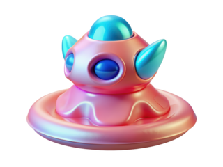 Playful pink alien spaceship illustration shiny and glossy surface design with blue accents 3d illustration icon solated on white background