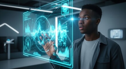 A person interacts with a futuristic glowing display in a modern hightech environment