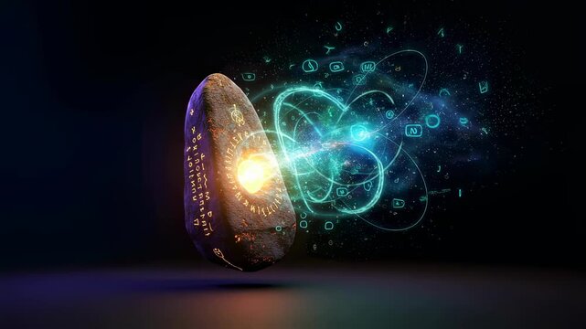 Ancient stone tablet with glowing rune symbols emits digital data and abstract light, symbolizing knowledge transfer footage.