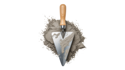 Construction trowel resting in wet cement, ready for building and home improvement projects