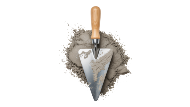 Construction trowel resting in wet cement, ready for building and home improvement projects