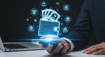 A person holding a phone displaying a digital wallet with money and shopping icons around it