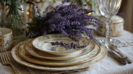 Vintage porcelain plates with gold trim and lavender bouquet on elegant rustic table setting
