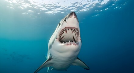Fototapeta premium Menacing Great White Shark with Jaws Wide Open Displaying Sharp Teeth in Ocean Depths