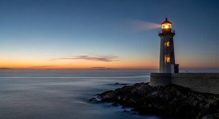 Obraz premium Picturesque lighthouse standing tall against the backdrop of a vibrant sunset over the sea