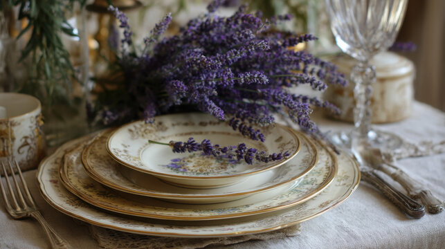Vintage porcelain plates with gold trim and lavender bouquet on elegant rustic table setting