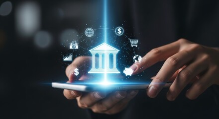 Person holding phone with banking icon and other related icons floating above it glowingly