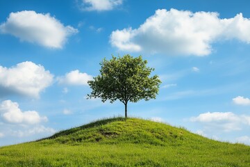 Lone green tree on grassy hill under blue sky with white clouds symbolizing nature, solitude, peace, growth and environmental concept