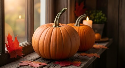 Cozy Autumn Still Life Pumpkins, Maple Leaves, and Candlelight by the Window
