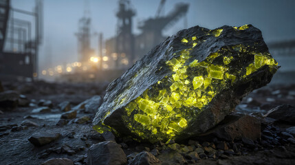 Wallpaper of a large uranium ore rock with a green glow in a dark, industrial setting. Uranium mining concept.