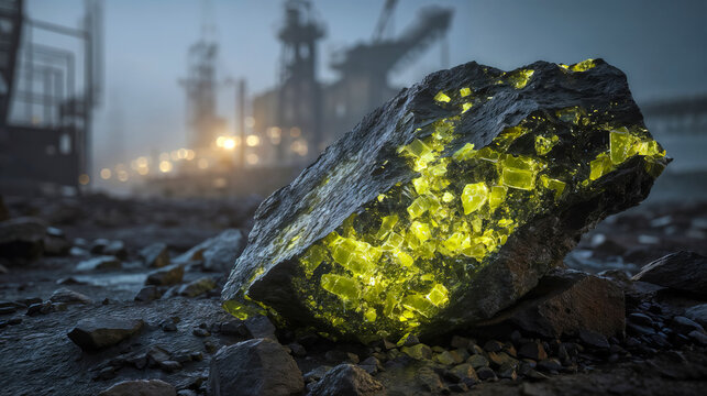 Wallpaper of a large uranium ore rock with a green glow in a dark, industrial setting. Uranium mining concept.
