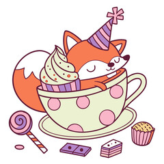 Cute Sleepy Red Fox, accessorized with in a teacup, in a Birthday world – Candy Shop palette vector