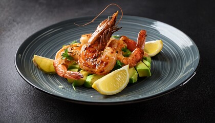 delicious grilled shrimp plate with lemon and avocado garnish presented on a dark surface seafood photography