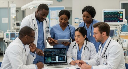 Six medical professionals collaboratively analyze data on a laptop and tablet in a hospital setting