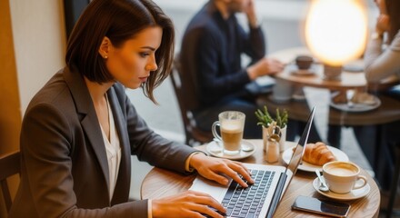 Woman in blazer types on laptop at café table with coffee pastry and phone Other patrons in background