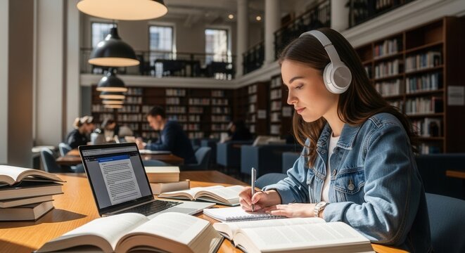 Woman in library wearing headphones writes at desk amid books laptop others studying