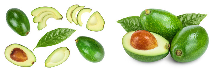 avocado and slices decorated with green leaves isolated on white background. Top view. Flat lay