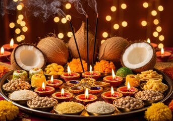 Fototapeta premium A diwali celebration with candles, sweets, coconuts, and incense creating a spiritual ambiance