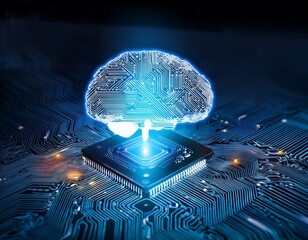 conceptual digital brain glows atop microprocessor symbolizing advanced artificial intelligence and machine learning