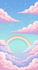 Obraz premium Pink Clouds Rainbow Sky Dreamy Fantasy Illustration Background for Children and Commercial Use