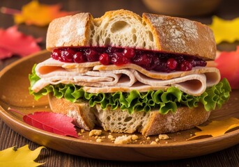 A delicious turkey sandwich with cranberry sauce, lettuce, and bread on a wooden plate