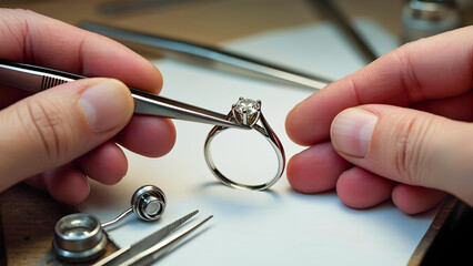 A close-up of the hands of a jeweler or repairman using tweezers to examine a silver or platinum diamond ring. The scene takes place on the jeweler's workbench, where other tools and parts are visible