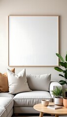 Modern Living Room Interior with Blank Frame, Sofa, and Wooden Table, Minimalist Design for Artwork Mockup.                                           