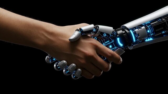 Human hand and robot hand shaking in agreement, showing artificial intelligence cooperation through digital technology footage.