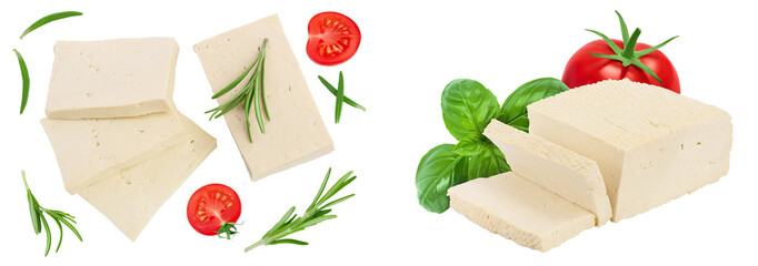 tofu cheese isolated on white background with full depth of field, Top view. Flat lay