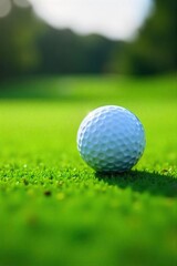 Obraz premium Close-up of a golf ball resting on a lush green putting surface, ready to be struck The image evokes a sense of calm and precision before a challenging putt , bright, outdoor