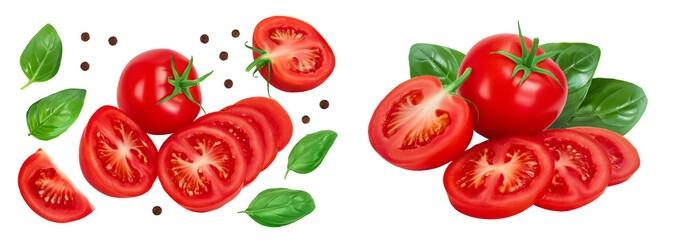Tomato with slices isolated on white background with full depth of field.
