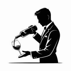 Silhouette of a sommelier in a suit pouring red wine into a glass