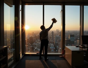 Fototapeta premium Male worker cleaning window in office at sunset with cityscape view