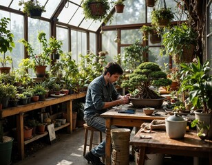 Young asian male working on bonsai tree in a sunlit greenhouse filled with diverse plants