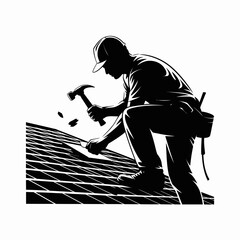 Silhouette of a roofer hammering shingles on a rooftop during the day