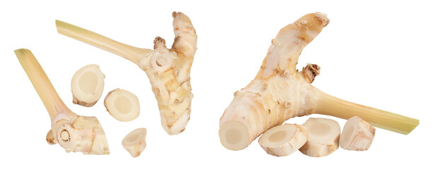 Fresh galangal root with slices isolated on white background with full depth of field. Top view. Flat lay
