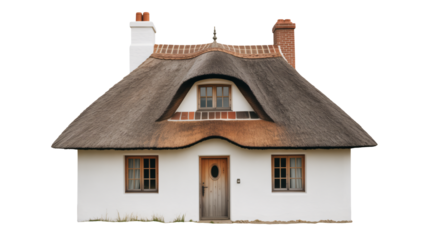 Charming thatched roof cottage with brick chimneys, idyllic rural home, quaint architecture, storybook house