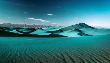 a wide shot of a sand desert with mountains in the background in teal tones