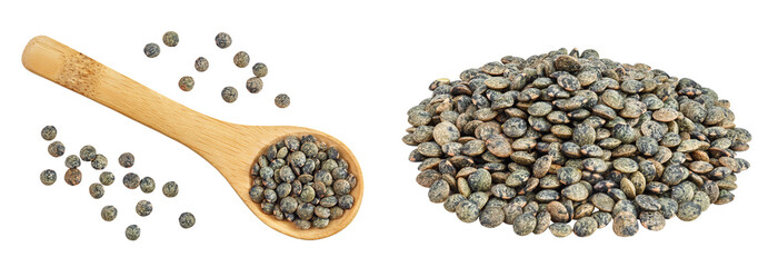 raw french green lentils in wooden spoon isolated on white background. Top view. Flat lay