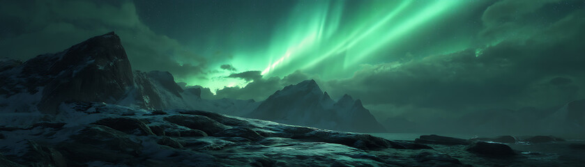 Naklejka premium The natural phenomenon of the Northern Lights in rugged and cold terrain, empty space