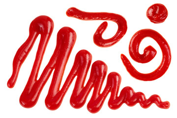 Red tomato sauce or ketchup isolated on white background . Top view. Flat lay