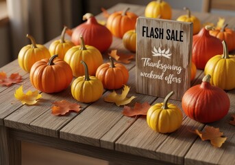 A flash sale sign is surrounded by festive pumpkins and autumn leaves on a wooden table